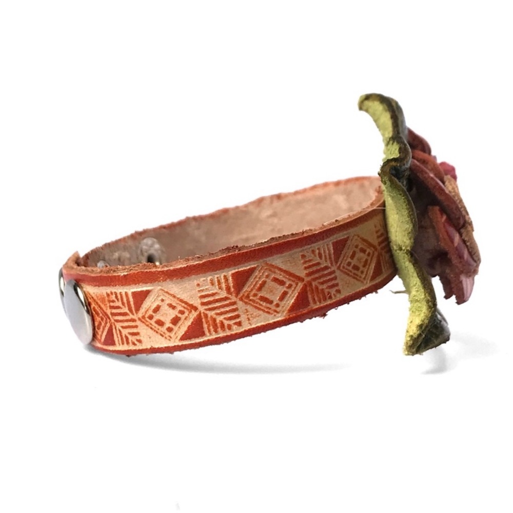 2 LEFT! Genuine Leather Handmade Handcrafted Flower Snap Bracelet - Picture 4 of 4
